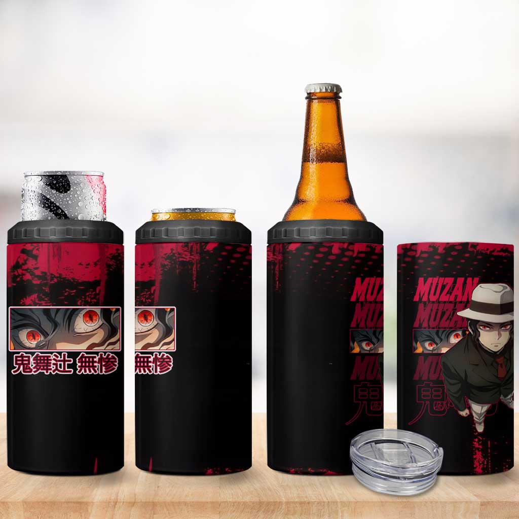 Muzan Kibutsuji Demon Slayer Red Grunge Design 4 in 1 Can Cooler Tumbler with Intense Eyes and Hat Outfit Pose - The Mazicc