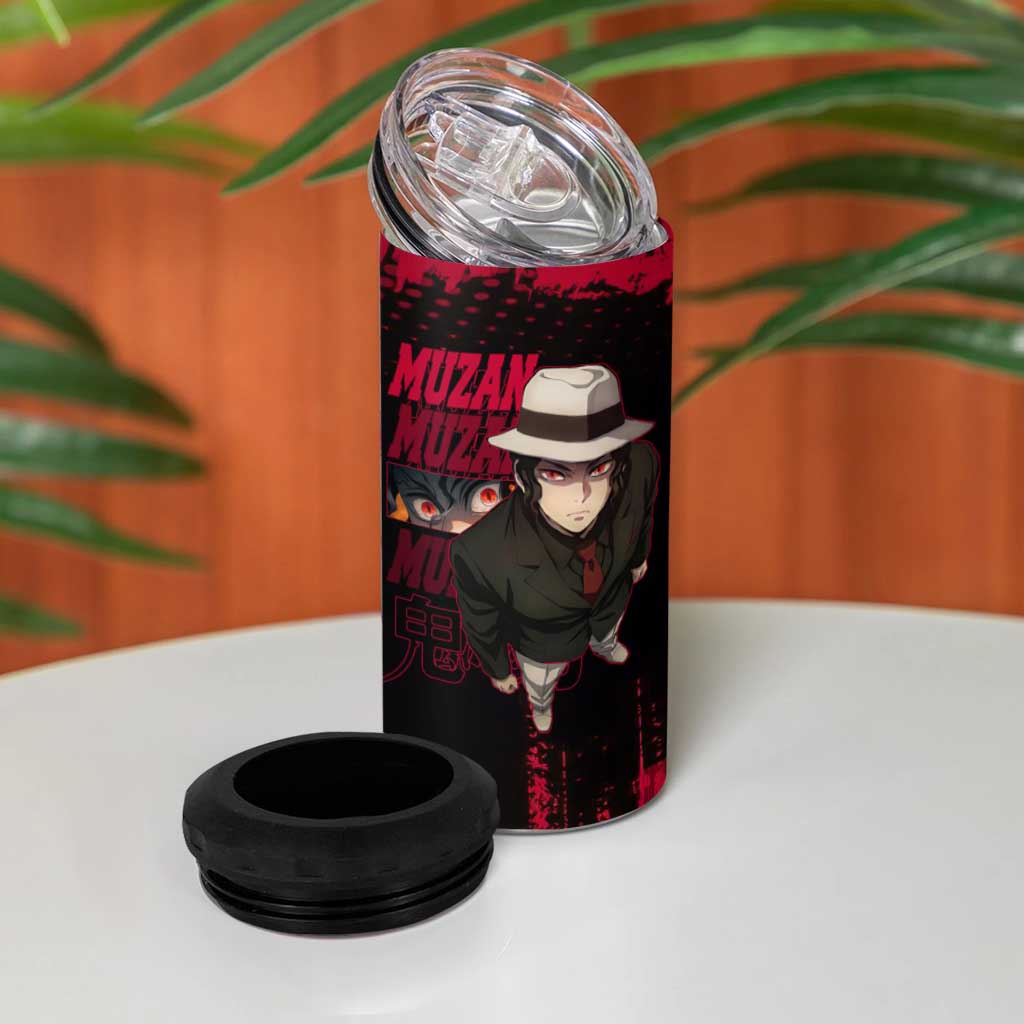 Muzan Kibutsuji Demon Slayer Red Grunge Design 4 in 1 Can Cooler Tumbler with Intense Eyes and Hat Outfit Pose - The Mazicc