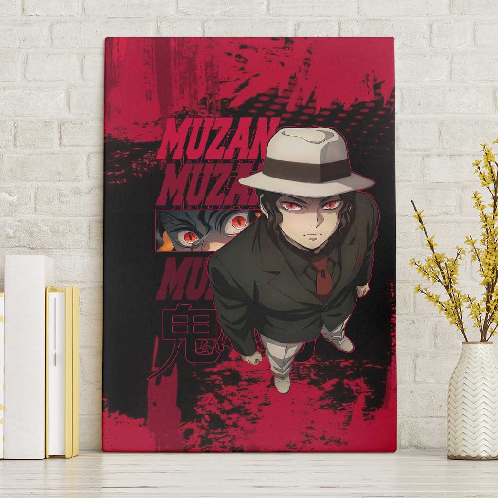 Muzan Kibutsuji Demon Slayer Red Grunge Design Canvas Wall Art with Intense Eyes and Hat Outfit Pose - The Mazicc