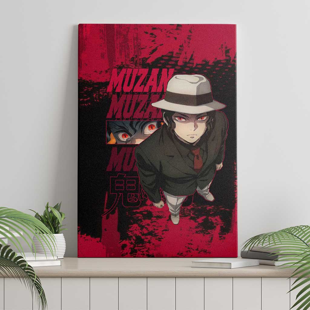 Muzan Kibutsuji Demon Slayer Red Grunge Design Canvas Wall Art with Intense Eyes and Hat Outfit Pose - The Mazicc