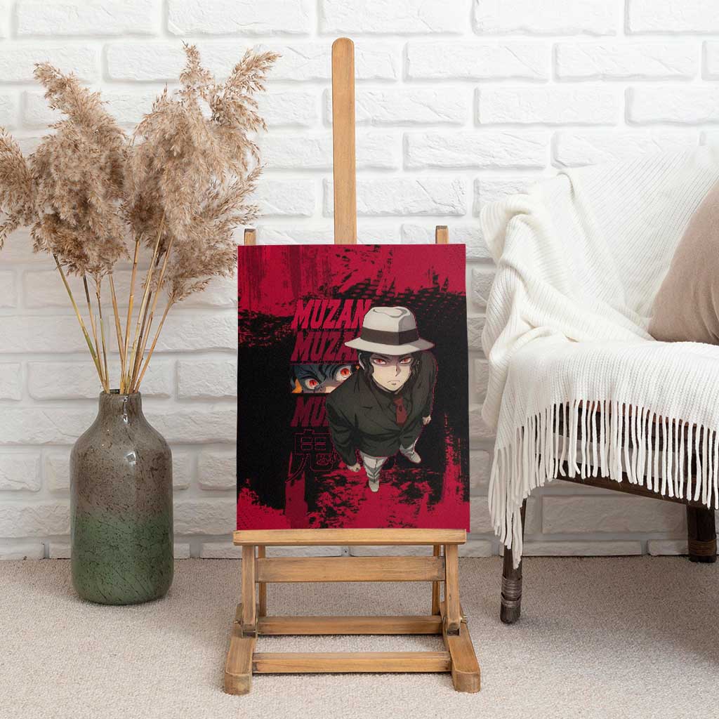 Muzan Kibutsuji Demon Slayer Red Grunge Design Canvas Wall Art with Intense Eyes and Hat Outfit Pose - The Mazicc