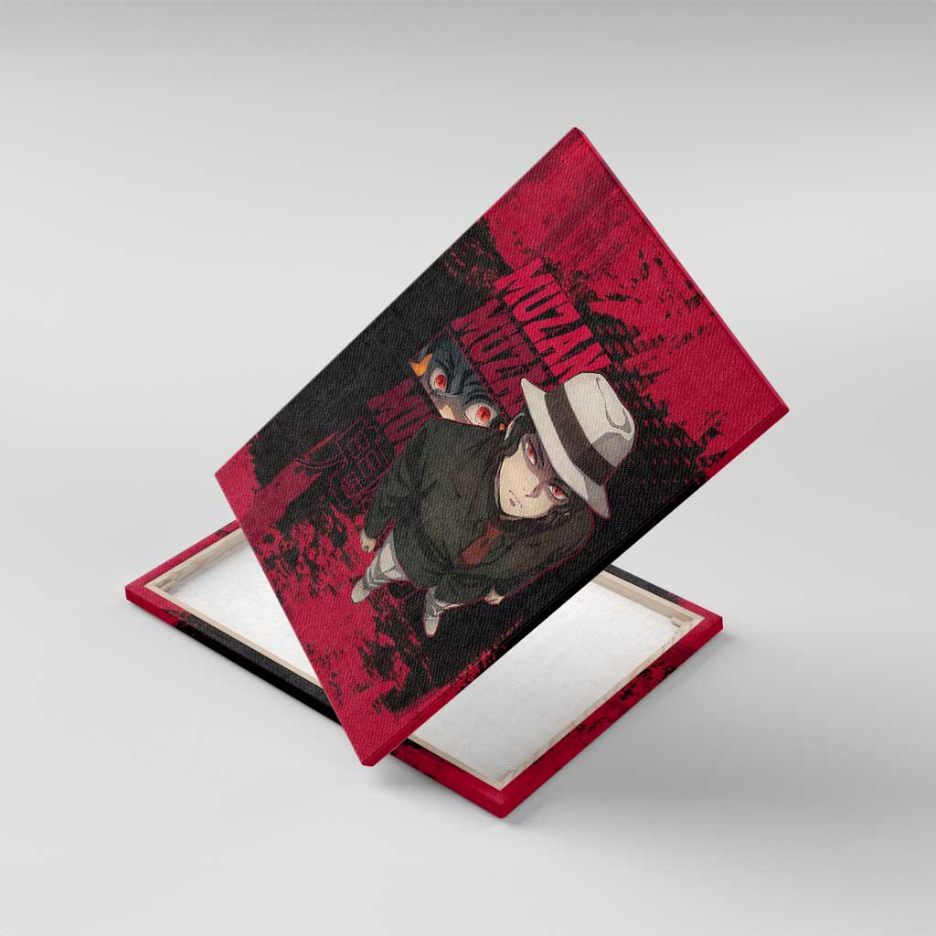 Muzan Kibutsuji Demon Slayer Red Grunge Design Canvas Wall Art with Intense Eyes and Hat Outfit Pose - The Mazicc