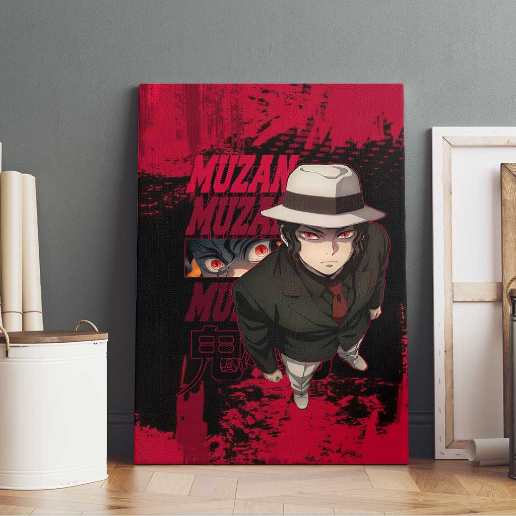 Muzan Kibutsuji Demon Slayer Red Grunge Design Canvas Wall Art with Intense Eyes and Hat Outfit Pose - The Mazicc