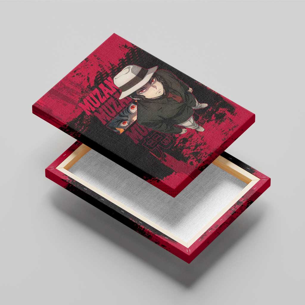 Muzan Kibutsuji Demon Slayer Red Grunge Design Canvas Wall Art with Intense Eyes and Hat Outfit Pose - The Mazicc