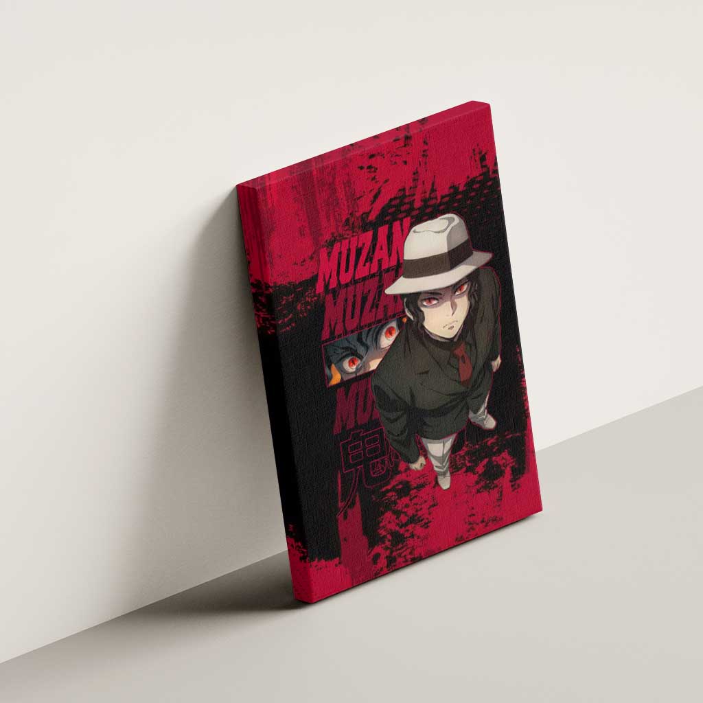 Muzan Kibutsuji Demon Slayer Red Grunge Design Canvas Wall Art with Intense Eyes and Hat Outfit Pose - The Mazicc