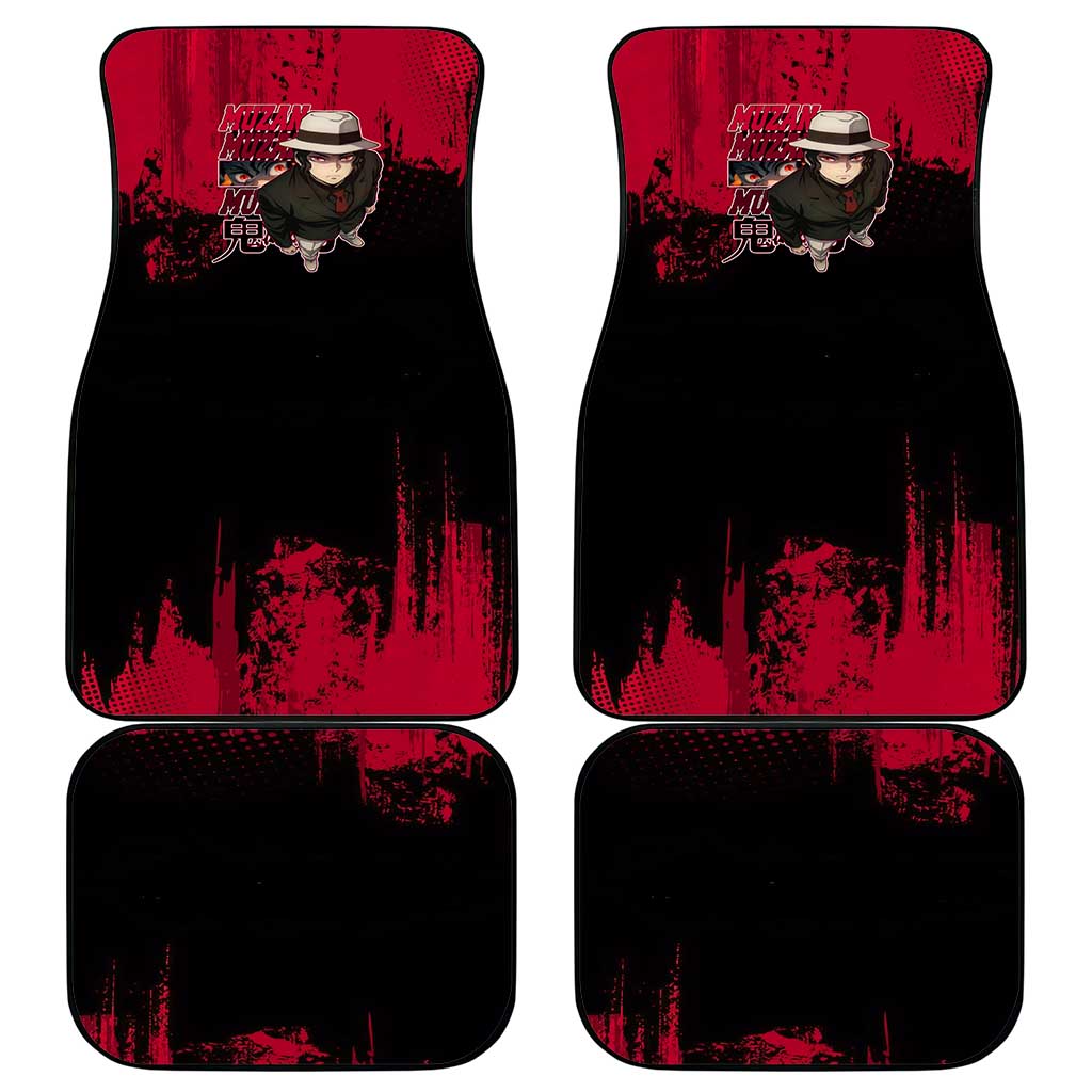 Muzan Kibutsuji Demon Slayer Red Grunge Design Car Mats with Intense Eyes and Hat Outfit Pose - The Mazicc