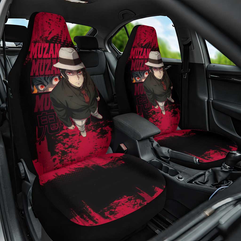 Muzan Kibutsuji Demon Slayer Red Grunge Design Car Seat Cover with Intense Eyes and Hat Outfit Pose - The Mazicc
