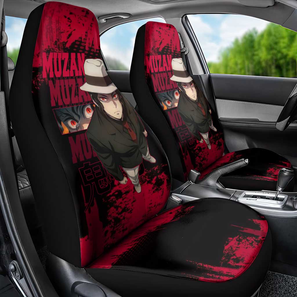 Muzan Kibutsuji Demon Slayer Red Grunge Design Car Seat Cover with Intense Eyes and Hat Outfit Pose - The Mazicc