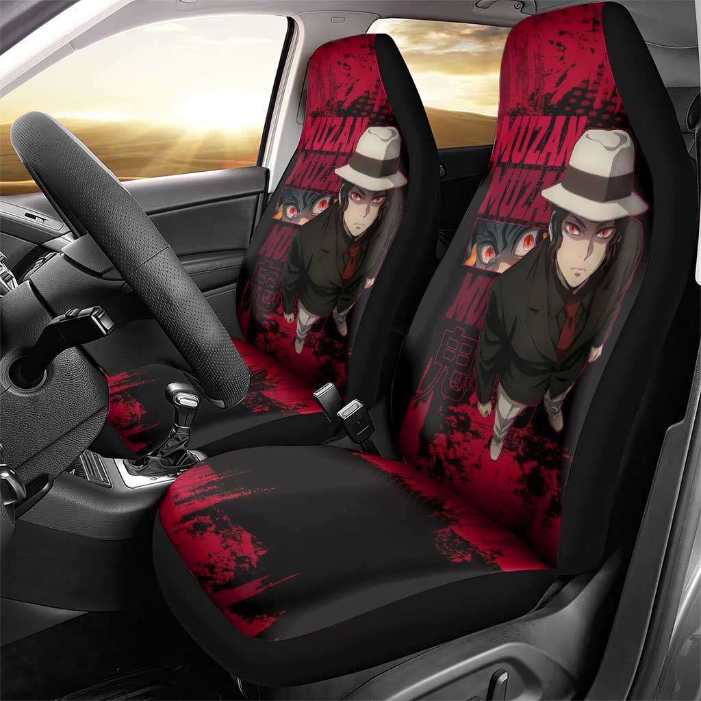 Muzan Kibutsuji Demon Slayer Red Grunge Design Car Seat Cover with Intense Eyes and Hat Outfit Pose - The Mazicc