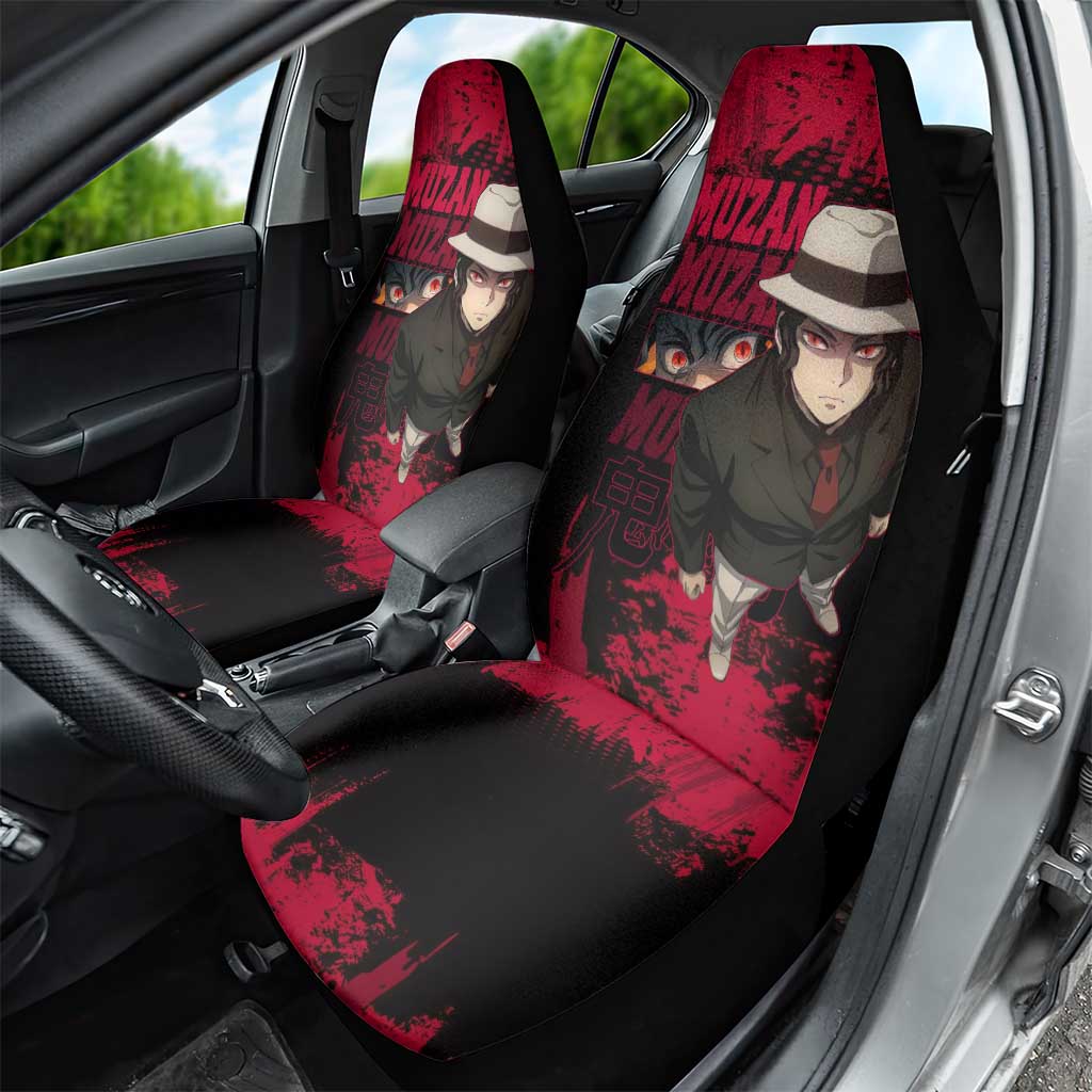 Muzan Kibutsuji Demon Slayer Red Grunge Design Car Seat Cover with Intense Eyes and Hat Outfit Pose - The Mazicc