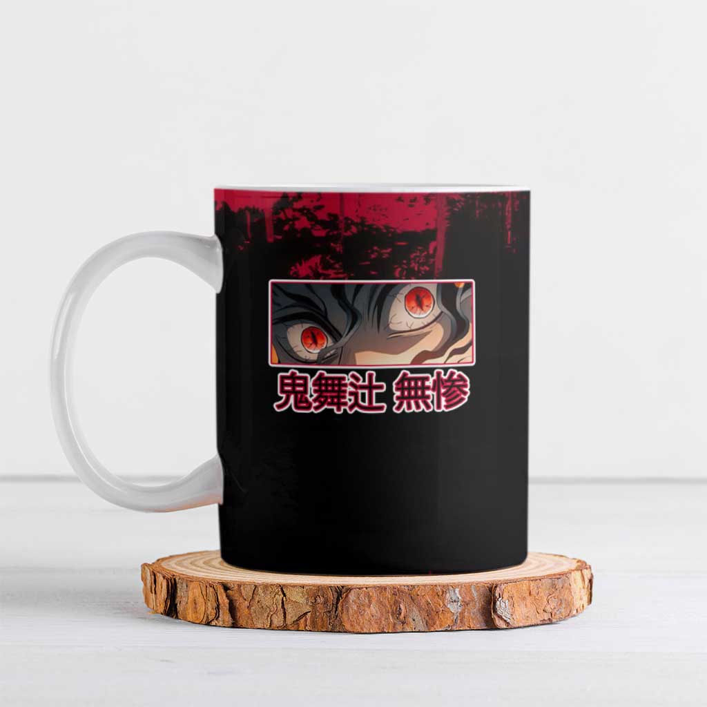 Muzan Kibutsuji Demon Slayer Red Grunge Design Ceramic Mug with Intense Eyes and Hat Outfit Pose - The Mazicc