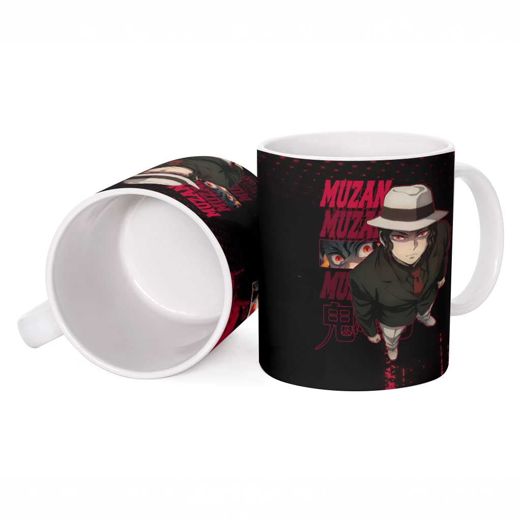 Muzan Kibutsuji Demon Slayer Red Grunge Design Ceramic Mug with Intense Eyes and Hat Outfit Pose - The Mazicc