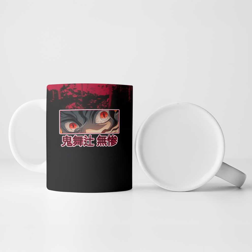 Muzan Kibutsuji Demon Slayer Red Grunge Design Ceramic Mug with Intense Eyes and Hat Outfit Pose - The Mazicc