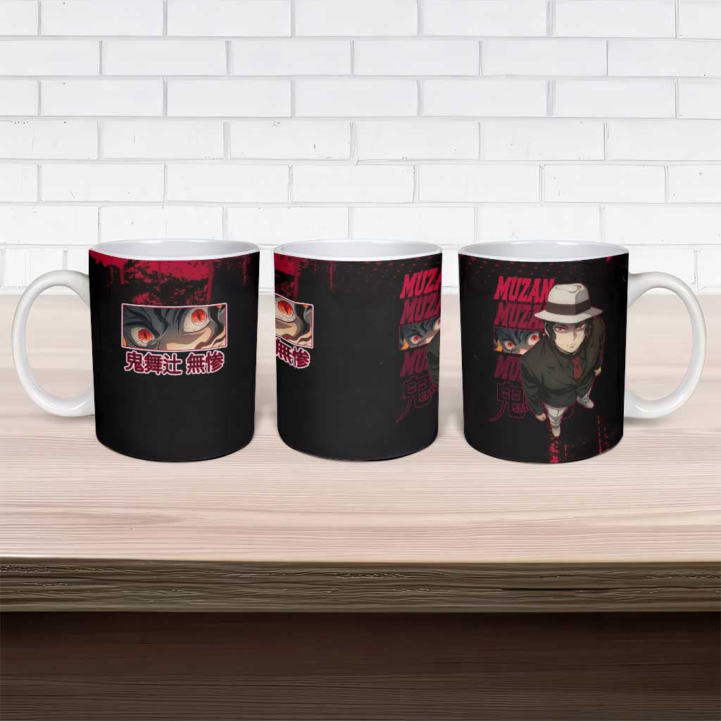 Muzan Kibutsuji Demon Slayer Red Grunge Design Ceramic Mug with Intense Eyes and Hat Outfit Pose - The Mazicc