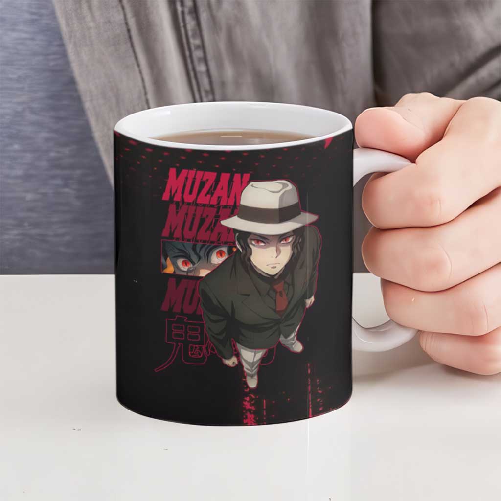 Muzan Kibutsuji Demon Slayer Red Grunge Design Ceramic Mug with Intense Eyes and Hat Outfit Pose - The Mazicc