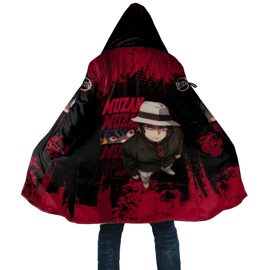 Muzan Kibutsuji Demon Slayer Red Grunge Design Cloak with Intense Eyes and Hat Outfit Pose - The Mazicc