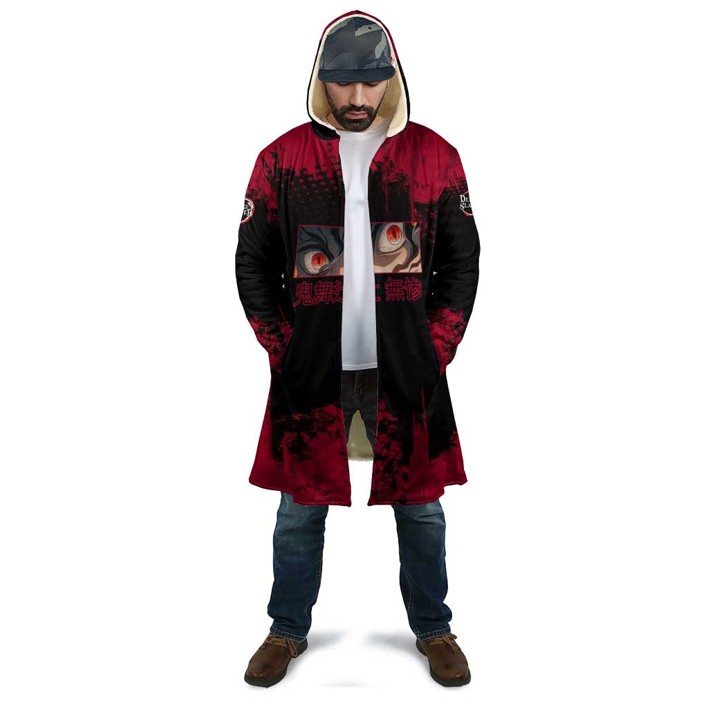 Muzan Kibutsuji Demon Slayer Red Grunge Design Cloak with Intense Eyes and Hat Outfit Pose - The Mazicc