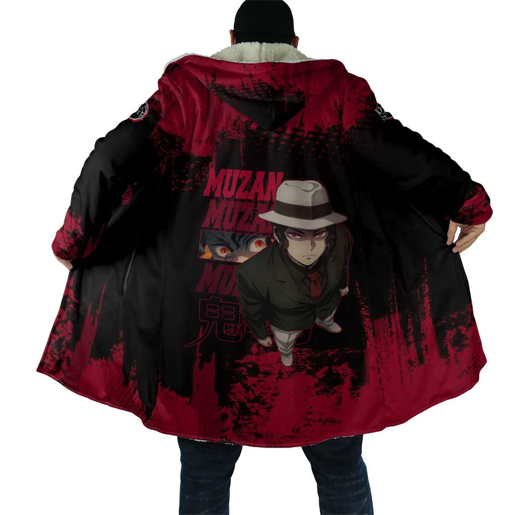 Muzan Kibutsuji Demon Slayer Red Grunge Design Cloak with Intense Eyes and Hat Outfit Pose - The Mazicc