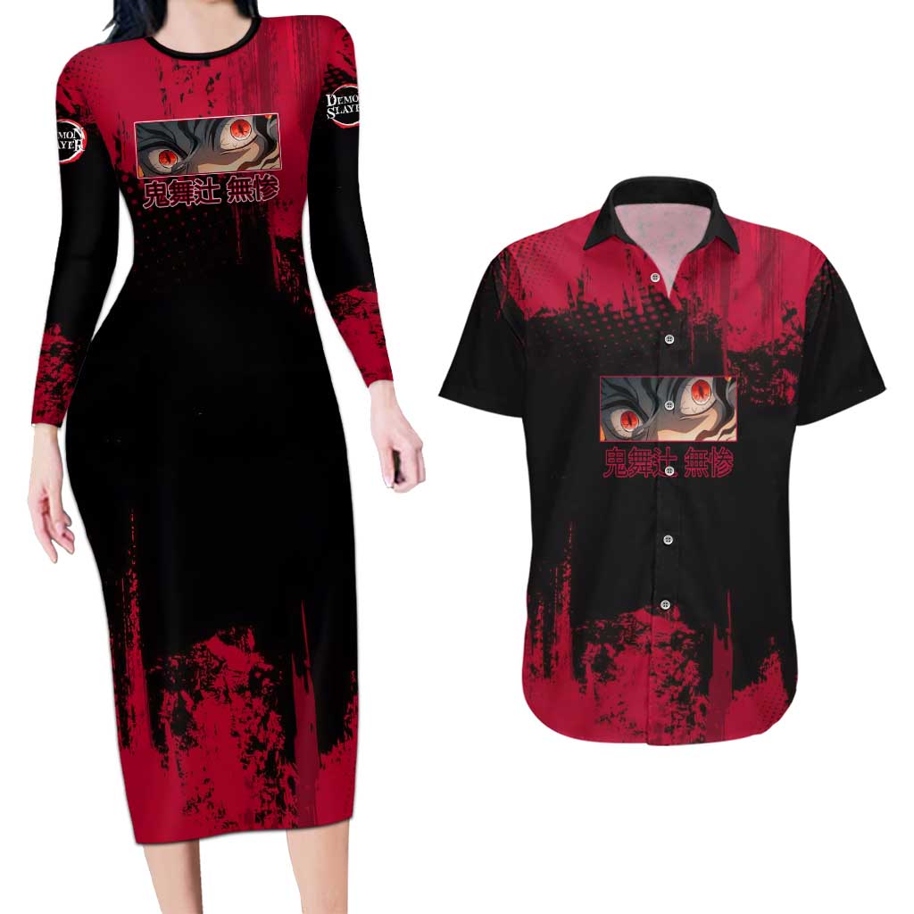 Muzan Kibutsuji Demon Slayer Red Grunge Design Couples Matching Long Sleeve Bodycon Dress and Hawaiian Shirt with Intense Eyes and Hat Outfit Pose - The Mazicc
