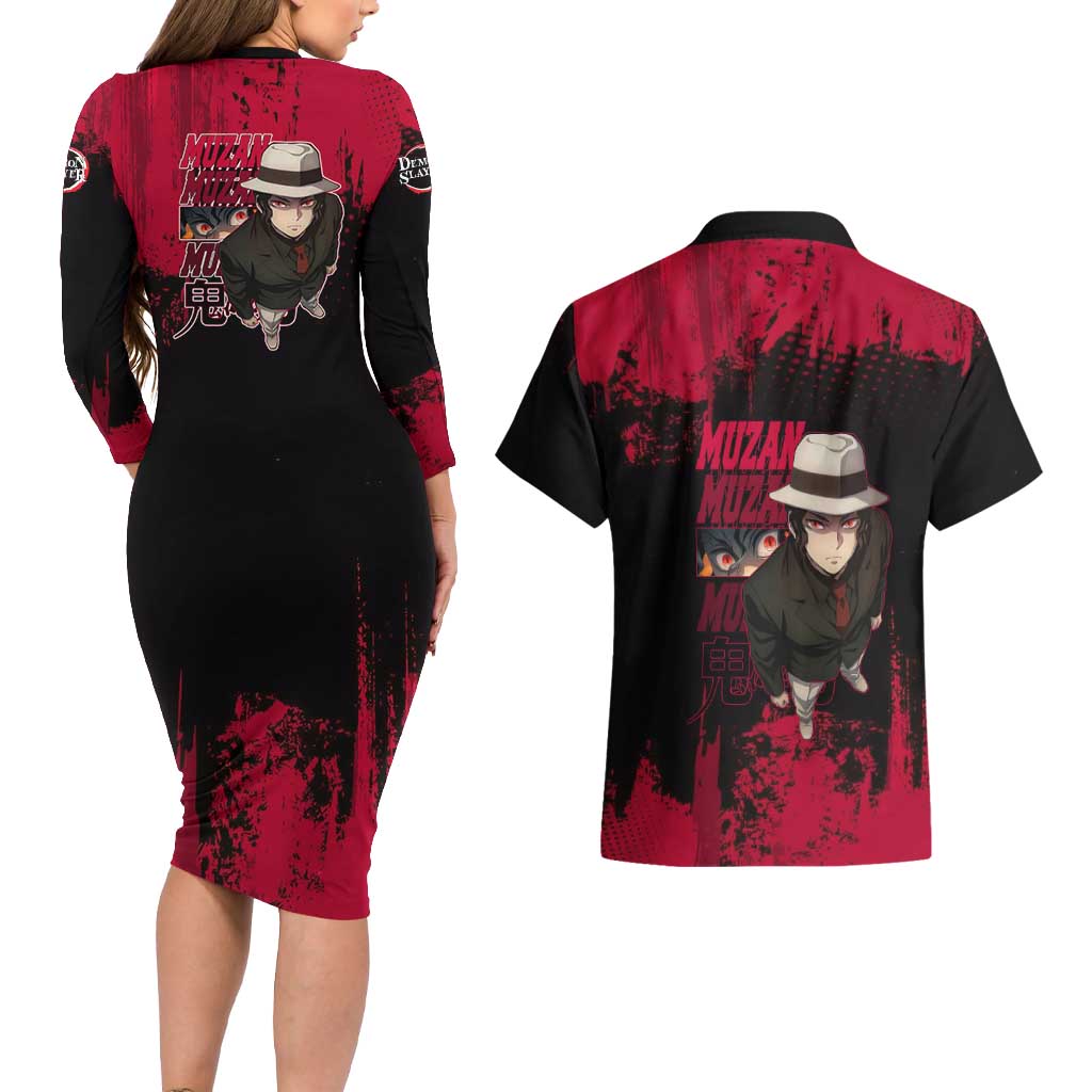 Muzan Kibutsuji Demon Slayer Red Grunge Design Couples Matching Long Sleeve Bodycon Dress and Hawaiian Shirt with Intense Eyes and Hat Outfit Pose - The Mazicc