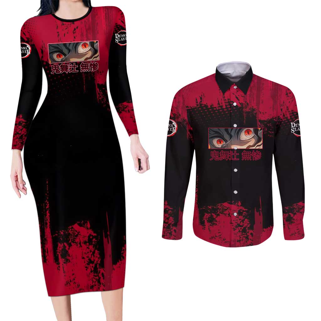Muzan Kibutsuji Demon Slayer Red Grunge Design Couples Matching Long Sleeve Bodycon Dress and Long Sleeve Button Shirt with Intense Eyes and Hat Outfit Pose - The Mazicc