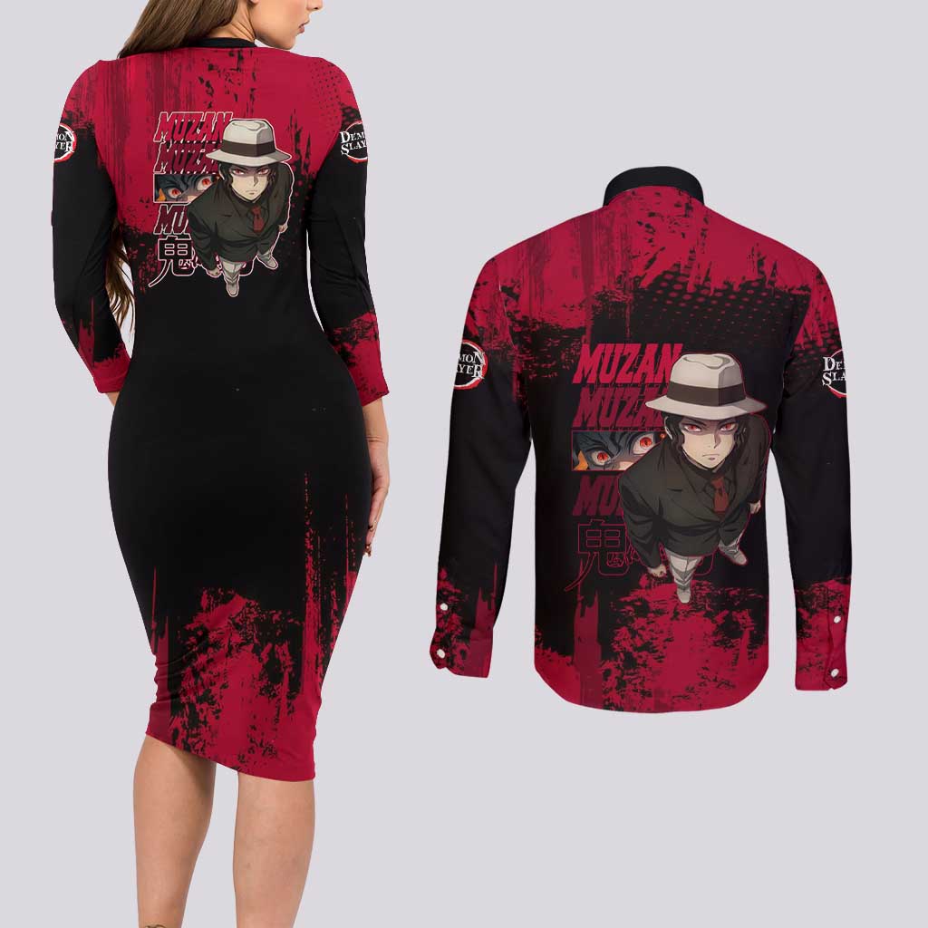 Muzan Kibutsuji Demon Slayer Red Grunge Design Couples Matching Long Sleeve Bodycon Dress and Long Sleeve Button Shirt with Intense Eyes and Hat Outfit Pose - The Mazicc