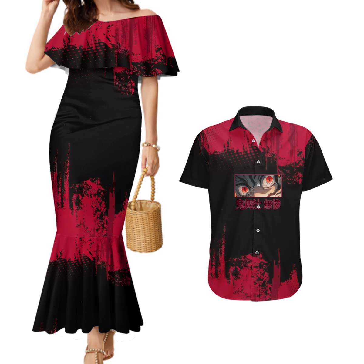 Muzan Kibutsuji Demon Slayer Red Grunge Design Couples Matching Mermaid Dress and Hawaiian Shirt with Intense Eyes and Hat Outfit Pose - The Mazicc