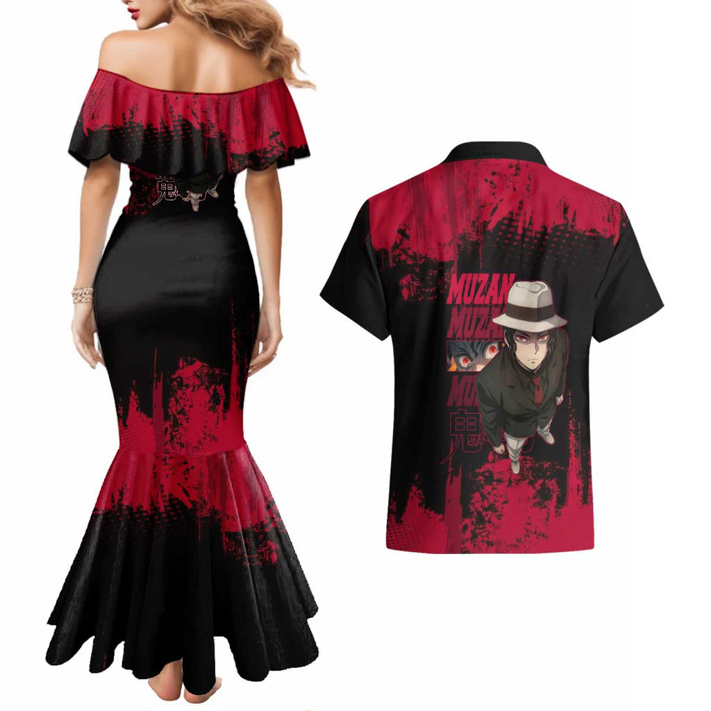 Muzan Kibutsuji Demon Slayer Red Grunge Design Couples Matching Mermaid Dress and Hawaiian Shirt with Intense Eyes and Hat Outfit Pose - The Mazicc