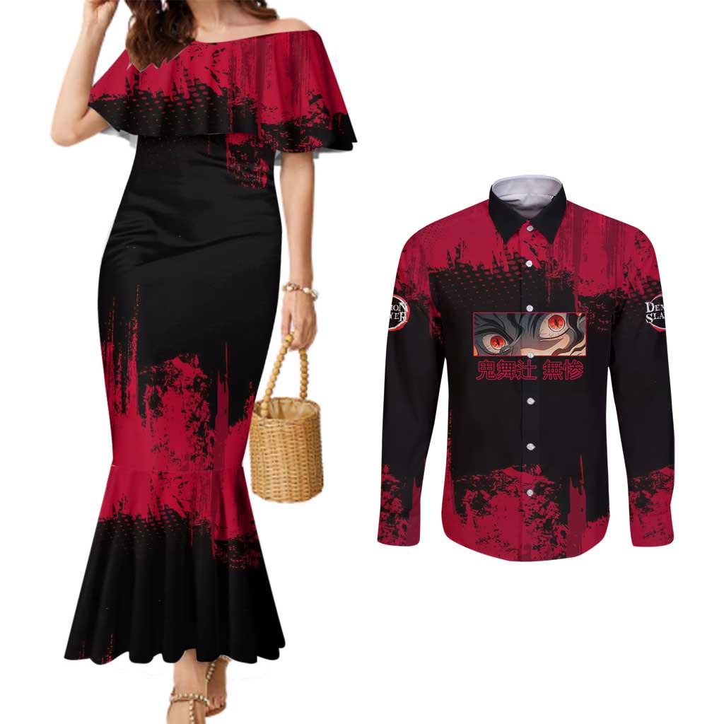 Muzan Kibutsuji Demon Slayer Red Grunge Design Couples Matching Mermaid Dress and Long Sleeve Button Shirt with Intense Eyes and Hat Outfit Pose - The Mazicc