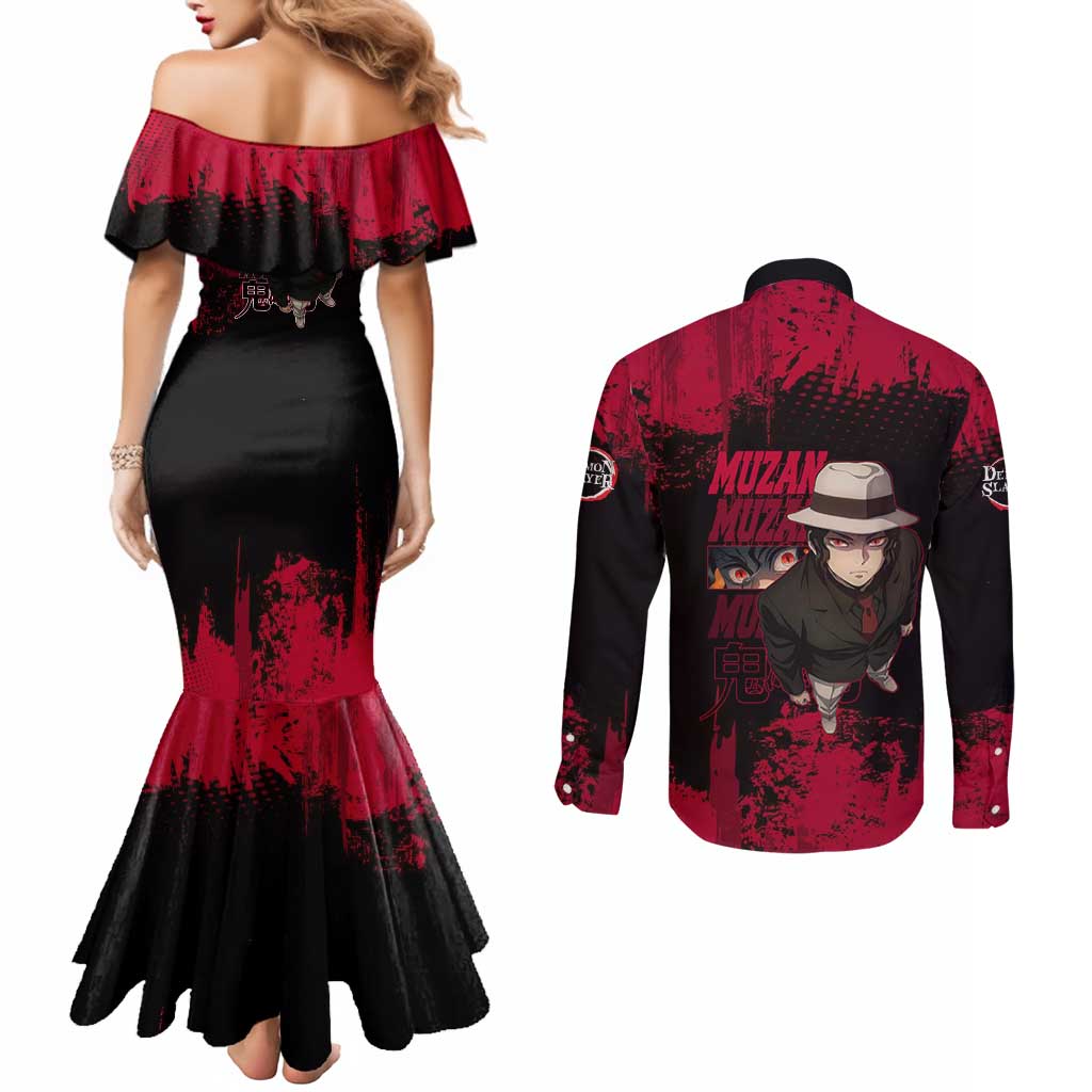 Muzan Kibutsuji Demon Slayer Red Grunge Design Couples Matching Mermaid Dress and Long Sleeve Button Shirt with Intense Eyes and Hat Outfit Pose - The Mazicc
