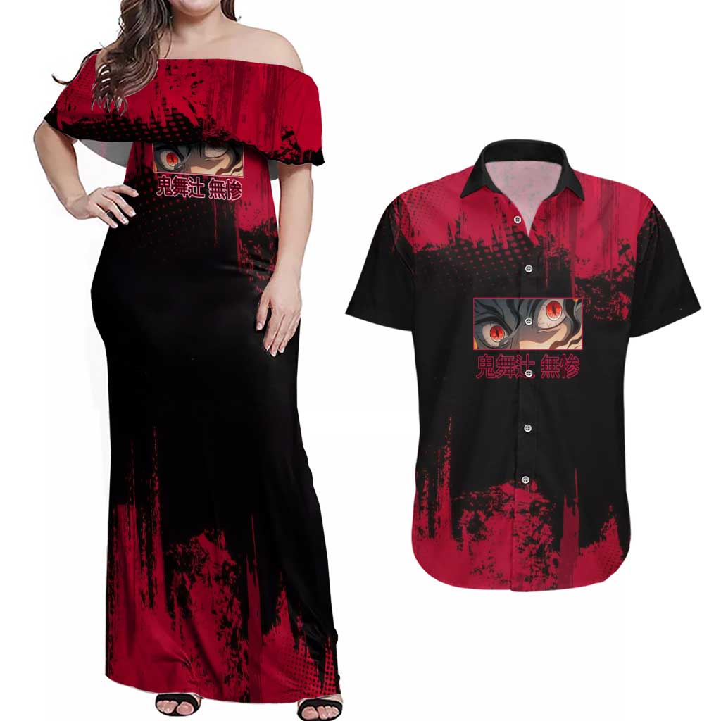 Muzan Kibutsuji Demon Slayer Red Grunge Design Couples Matching Off Shoulder Maxi Dress and Hawaiian Shirt with Intense Eyes and Hat Outfit Pose - The Mazicc