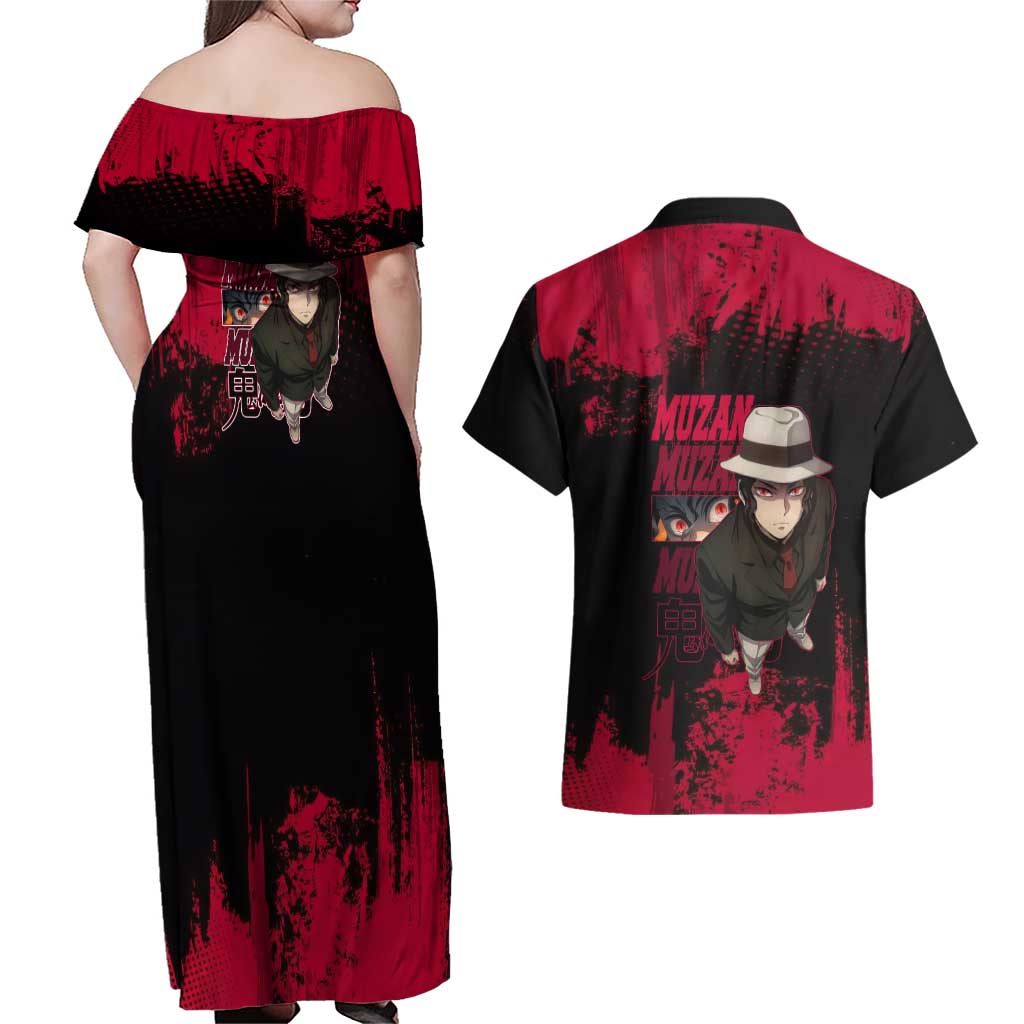 Muzan Kibutsuji Demon Slayer Red Grunge Design Couples Matching Off Shoulder Maxi Dress and Hawaiian Shirt with Intense Eyes and Hat Outfit Pose - The Mazicc