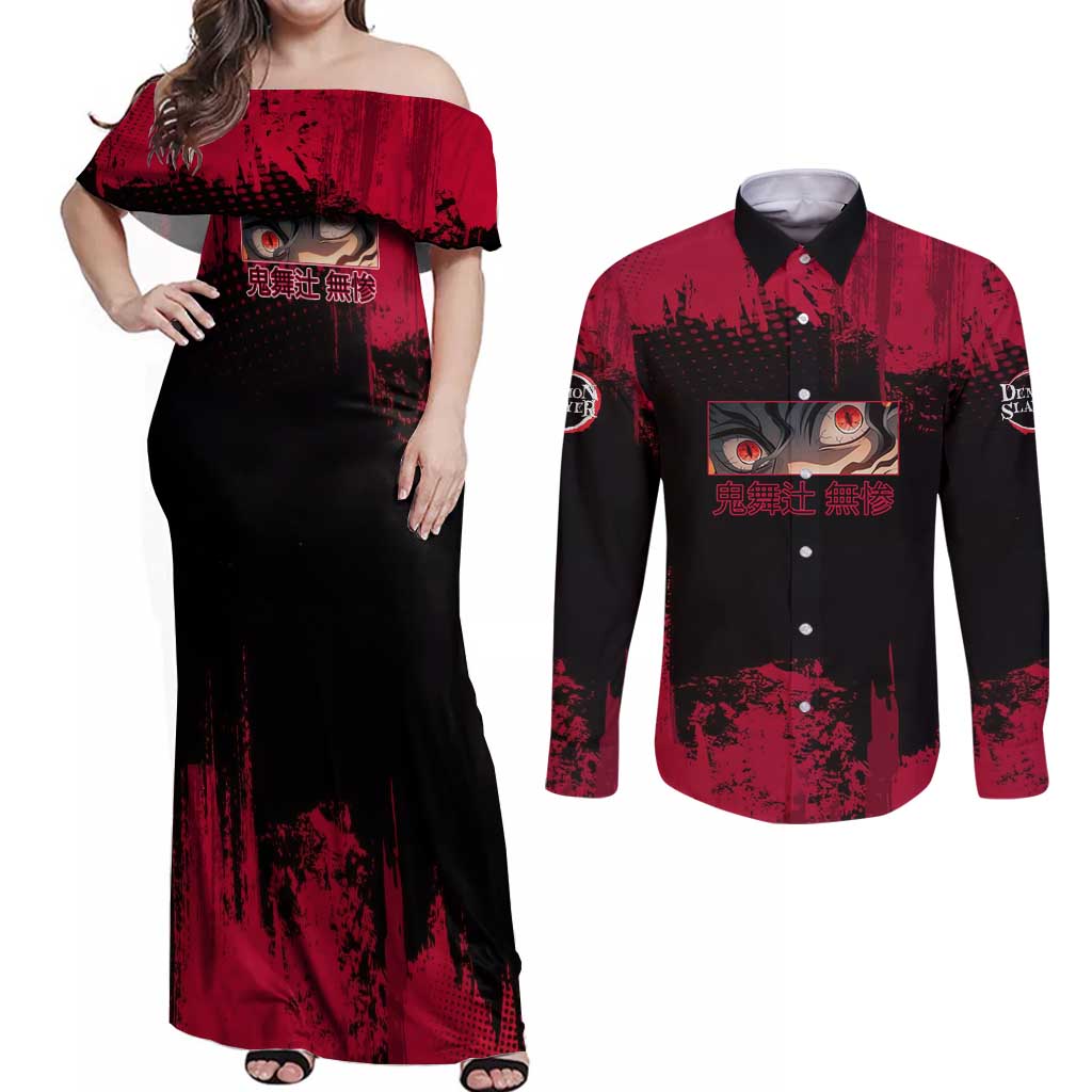Muzan Kibutsuji Demon Slayer Red Grunge Design Couples Matching Off Shoulder Maxi Dress and Long Sleeve Button Shirt with Intense Eyes and Hat Outfit Pose - The Mazicc