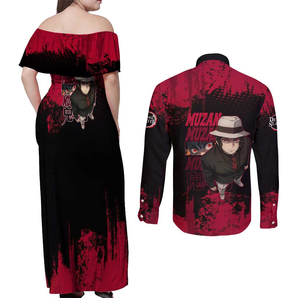 Muzan Kibutsuji Demon Slayer Red Grunge Design Couples Matching Off Shoulder Maxi Dress and Long Sleeve Button Shirt with Intense Eyes and Hat Outfit Pose - The Mazicc