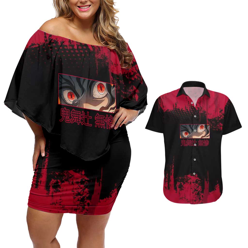 Muzan Kibutsuji Demon Slayer Red Grunge Design Couples Matching Off Shoulder Short Dress and Hawaiian Shirt with Intense Eyes and Hat Outfit Pose - The Mazicc