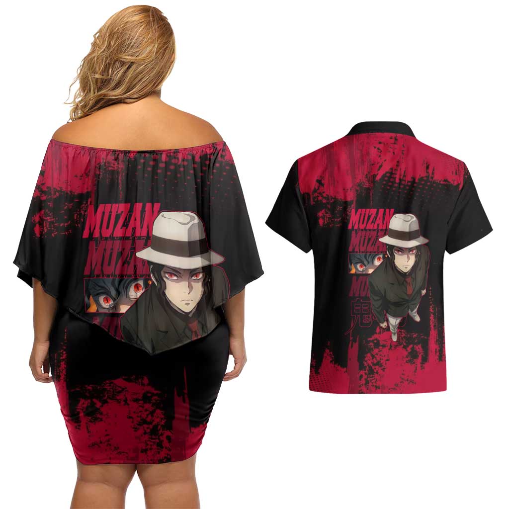 Muzan Kibutsuji Demon Slayer Red Grunge Design Couples Matching Off Shoulder Short Dress and Hawaiian Shirt with Intense Eyes and Hat Outfit Pose - The Mazicc