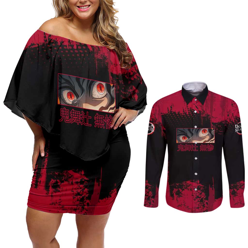 Muzan Kibutsuji Demon Slayer Red Grunge Design Couples Matching Off Shoulder Short Dress and Long Sleeve Button Shirt with Intense Eyes and Hat Outfit Pose - The Mazicc
