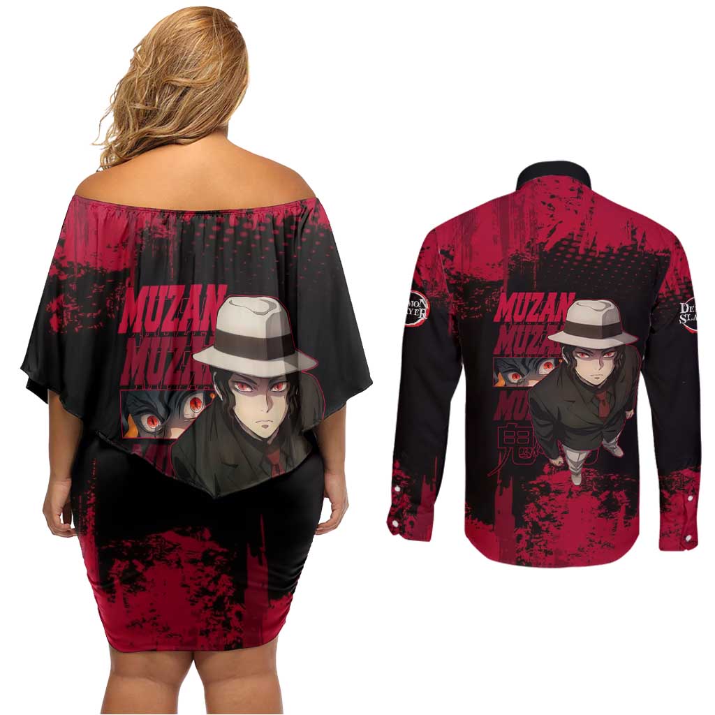 Muzan Kibutsuji Demon Slayer Red Grunge Design Couples Matching Off Shoulder Short Dress and Long Sleeve Button Shirt with Intense Eyes and Hat Outfit Pose - The Mazicc