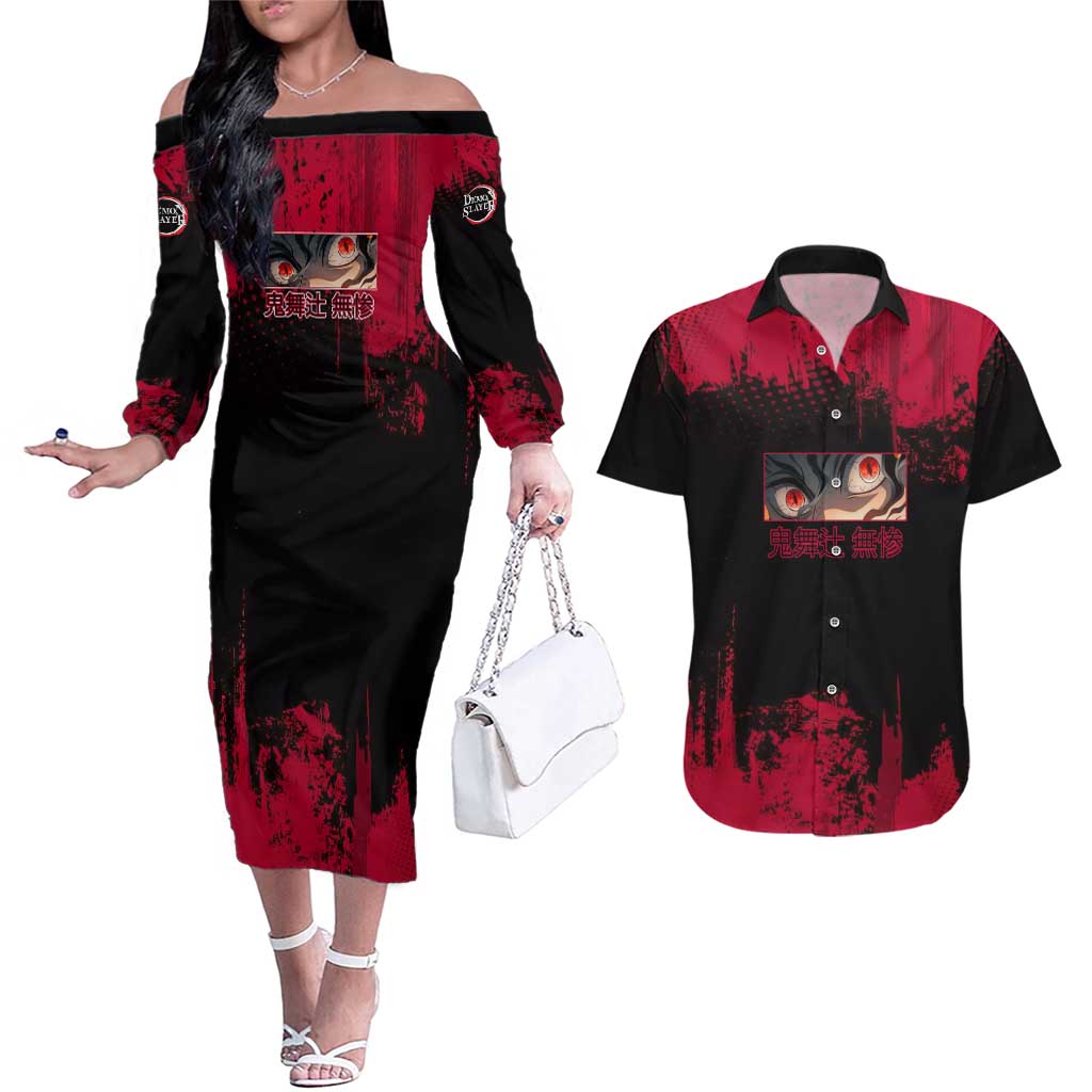 Muzan Kibutsuji Demon Slayer Red Grunge Design Couples Matching Off The Shoulder Long Sleeve Dress and Hawaiian Shirt with Intense Eyes and Hat Outfit Pose - The Mazicc