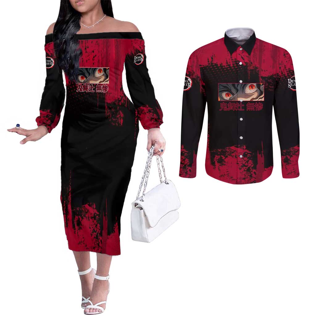 Muzan Kibutsuji Demon Slayer Red Grunge Design Couples Matching Off The Shoulder Long Sleeve Dress and Long Sleeve Button Shirt with Intense Eyes and Hat Outfit Pose - The Mazicc