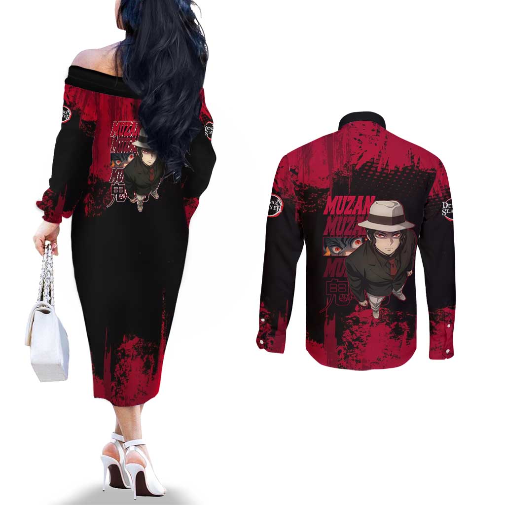 Muzan Kibutsuji Demon Slayer Red Grunge Design Couples Matching Off The Shoulder Long Sleeve Dress and Long Sleeve Button Shirt with Intense Eyes and Hat Outfit Pose - The Mazicc