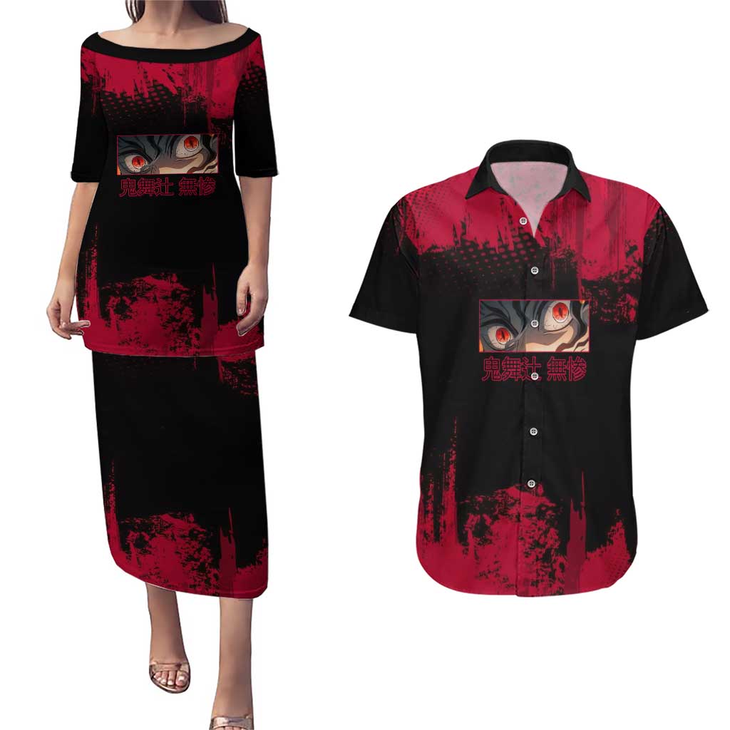 Muzan Kibutsuji Demon Slayer Red Grunge Design Couples Matching Puletasi and Hawaiian Shirt with Intense Eyes and Hat Outfit Pose - The Mazicc