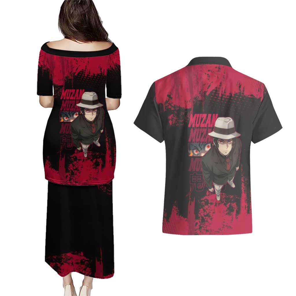 Muzan Kibutsuji Demon Slayer Red Grunge Design Couples Matching Puletasi and Hawaiian Shirt with Intense Eyes and Hat Outfit Pose - The Mazicc