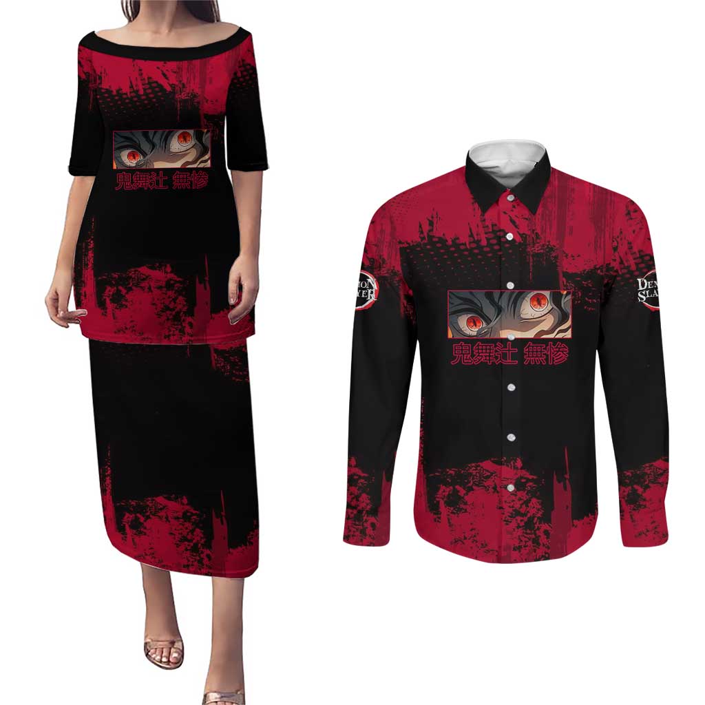 Muzan Kibutsuji Demon Slayer Red Grunge Design Couples Matching Puletasi and Long Sleeve Button Shirt with Intense Eyes and Hat Outfit Pose - The Mazicc