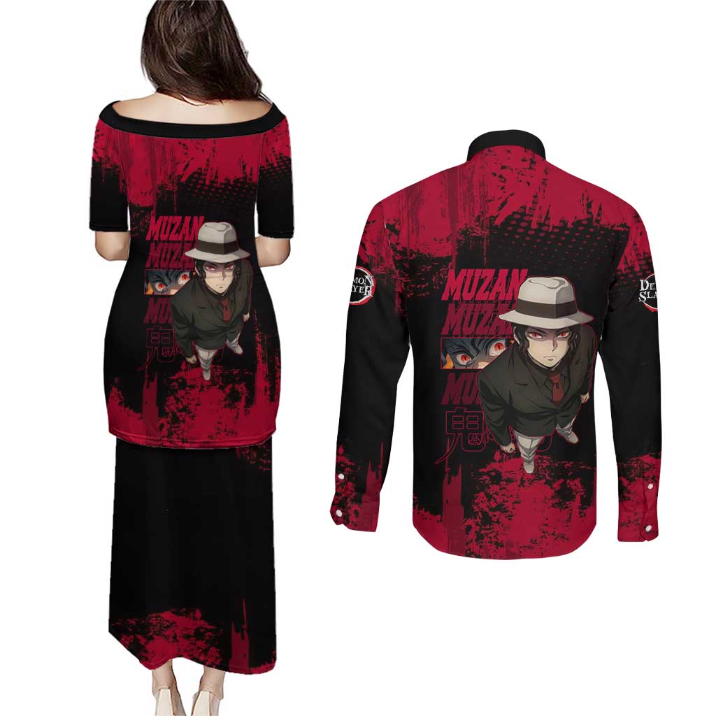 Muzan Kibutsuji Demon Slayer Red Grunge Design Couples Matching Puletasi and Long Sleeve Button Shirt with Intense Eyes and Hat Outfit Pose - The Mazicc