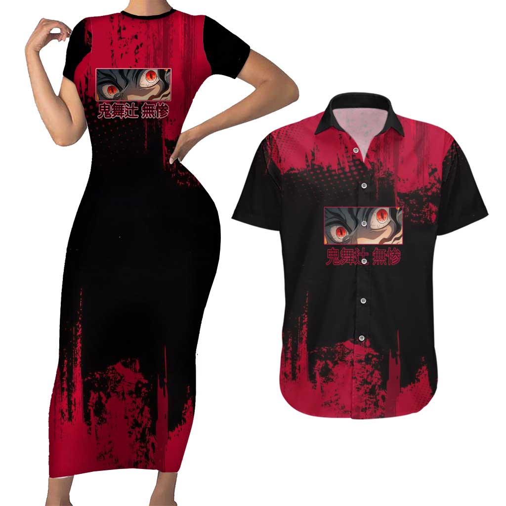 Muzan Kibutsuji Demon Slayer Red Grunge Design Couples Matching Short Sleeve Bodycon Dress and Hawaiian Shirt with Intense Eyes and Hat Outfit Pose - The Mazicc