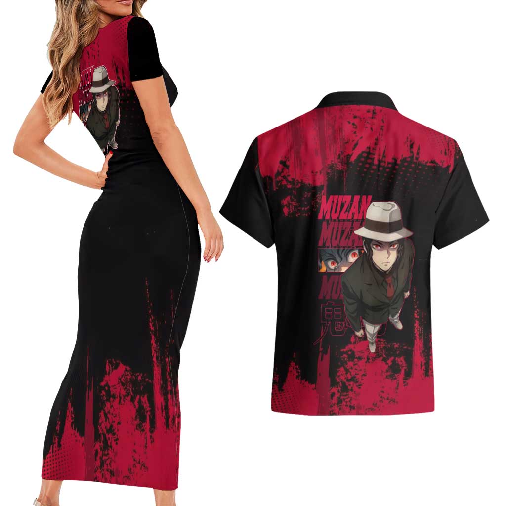 Muzan Kibutsuji Demon Slayer Red Grunge Design Couples Matching Short Sleeve Bodycon Dress and Hawaiian Shirt with Intense Eyes and Hat Outfit Pose - The Mazicc