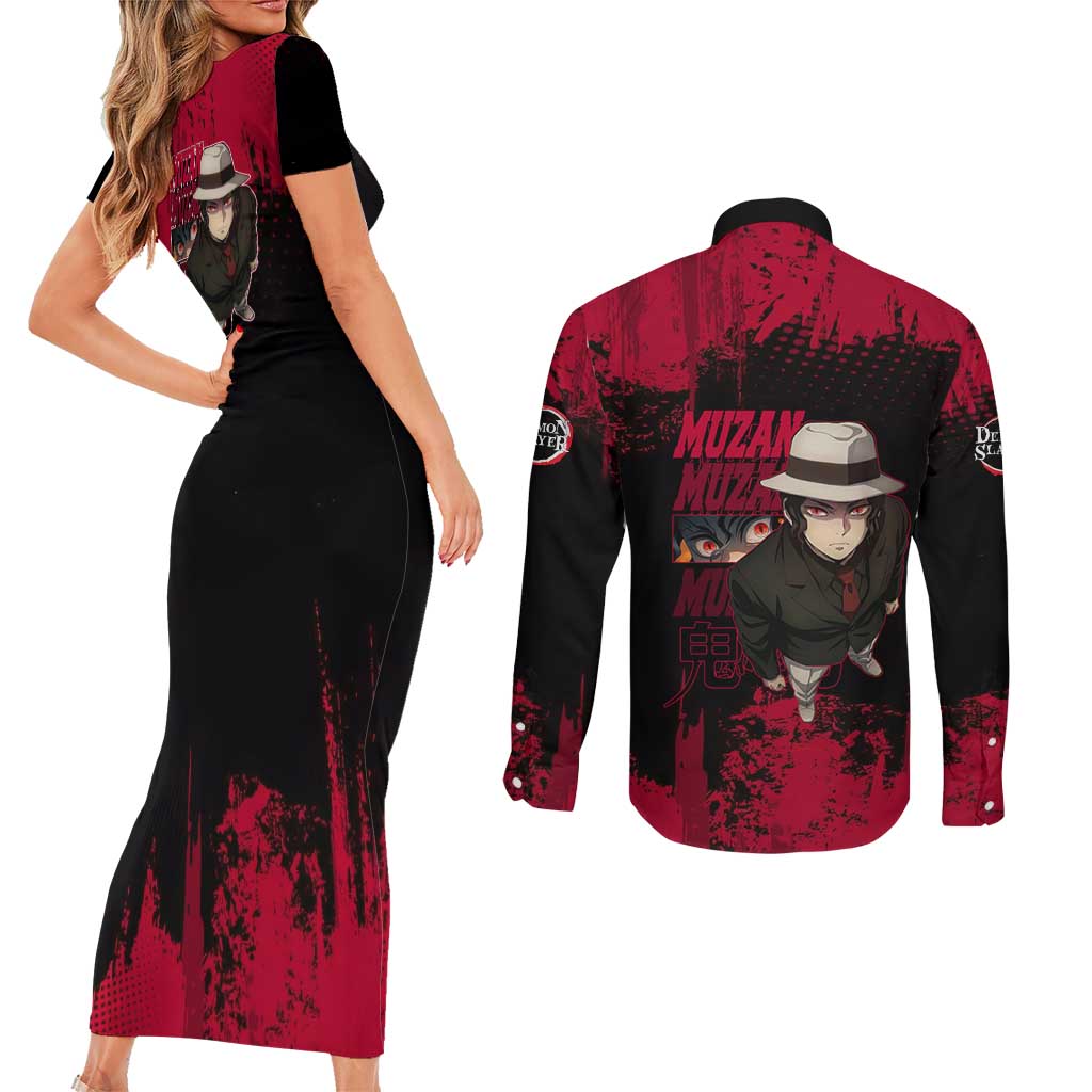 Muzan Kibutsuji Demon Slayer Red Grunge Design Couples Matching Short Sleeve Bodycon Dress and Long Sleeve Button Shirt with Intense Eyes and Hat Outfit Pose - The Mazicc
