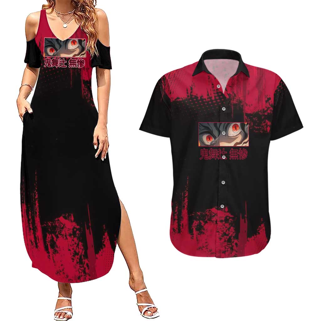 Muzan Kibutsuji Demon Slayer Red Grunge Design Couples Matching Summer Maxi Dress and Hawaiian Shirt with Intense Eyes and Hat Outfit Pose - The Mazicc