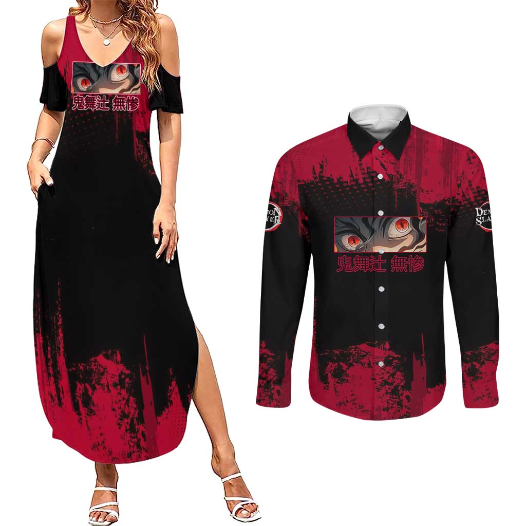 Muzan Kibutsuji Demon Slayer Red Grunge Design Couples Matching Summer Maxi Dress and Long Sleeve Button Shirt with Intense Eyes and Hat Outfit Pose - The Mazicc